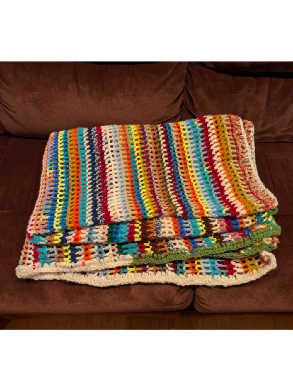 Vintage Hand made Crochet Afghan Throw Bright Multicolor Lines 46" x 68"